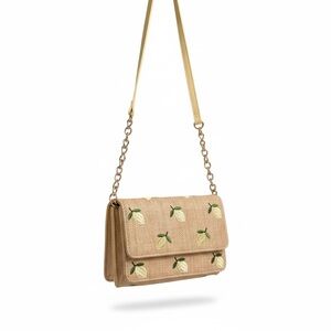 Betsy Johnson Vinyl Straw Lemon Embroidered Crossbody Bag - Beige